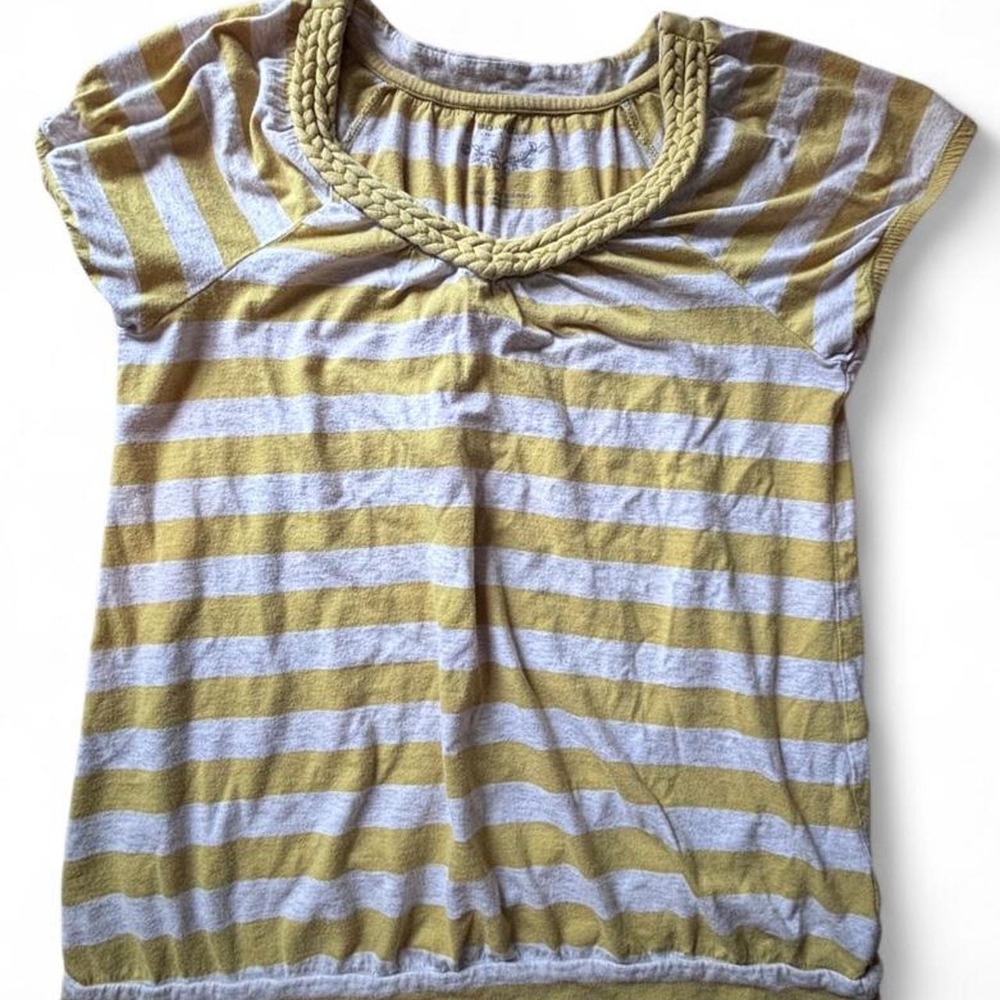Sonoma Life + Style Yellow Striped Braided Neckline Short Sleeve Top Size S